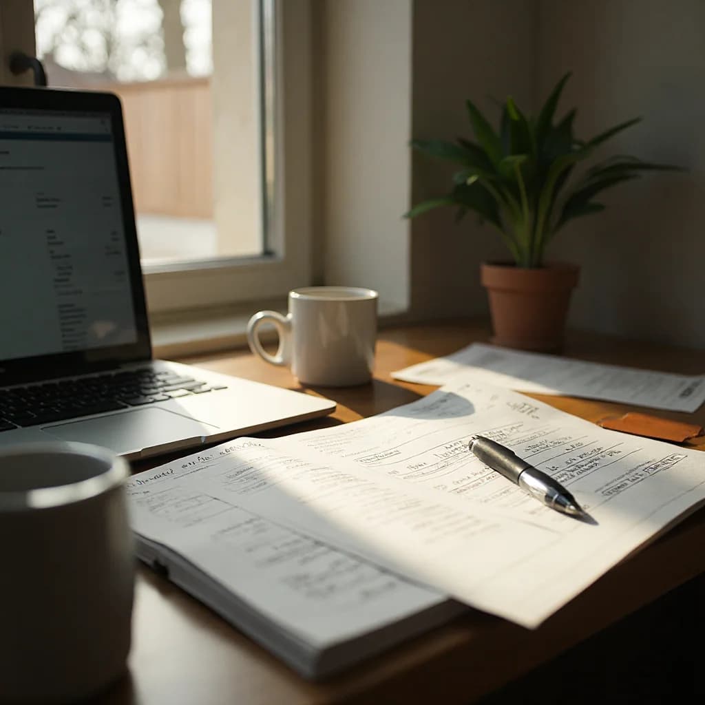 Spreadsheet open on a laptop with a coffee and notebook